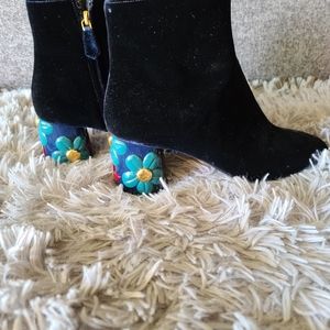 Prada Velvet Flower Heel Ankle Booties, Navy, sz 7